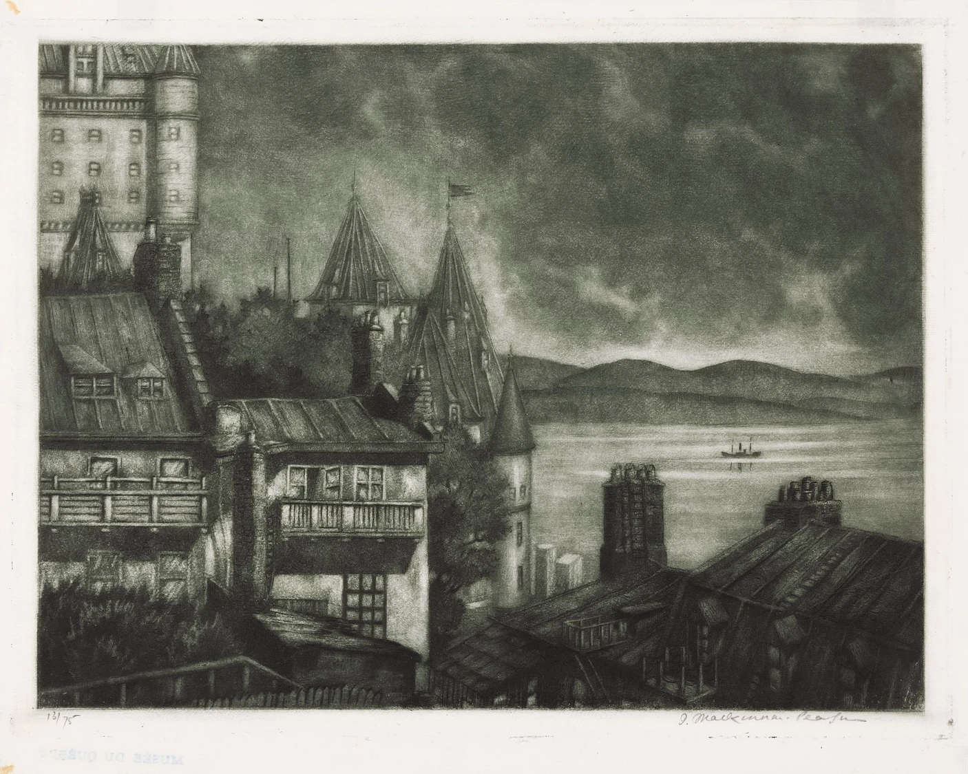 MacKinnon-Pearson, Ian, Clair de lune sur les toits de Québec, 1948 ou 1949. Eau-forte, 13/75, 27,4 x 34,3 cm (papier); 24,6 x 32,1 cm (image)
