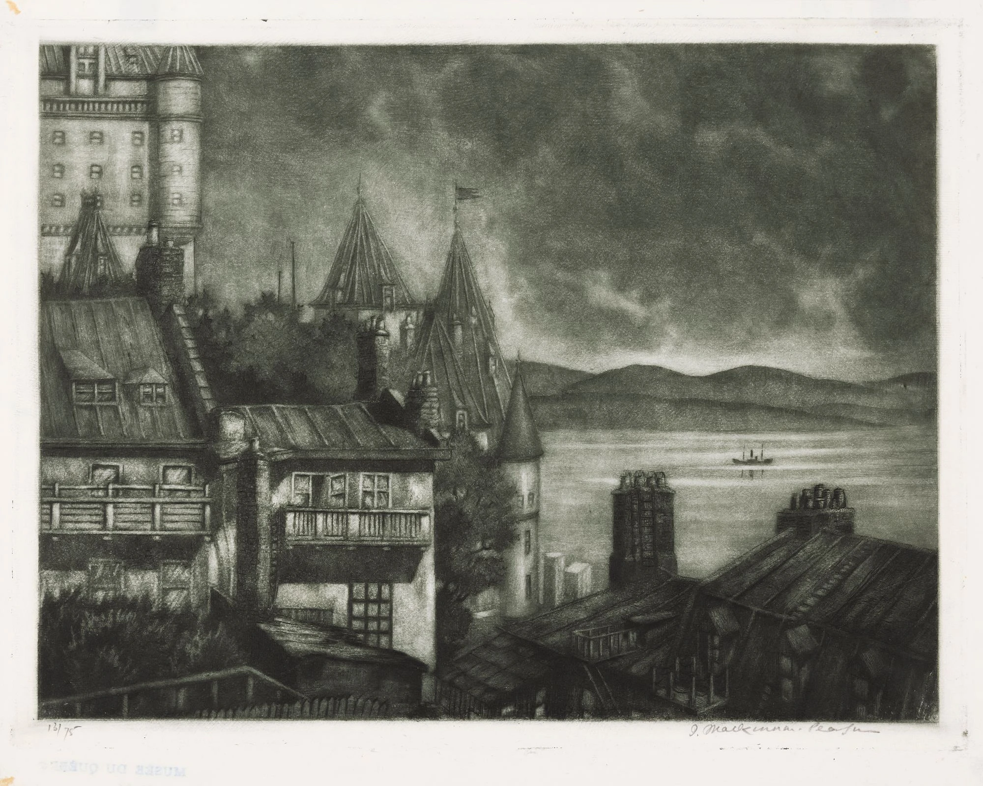 MacKinnon-Pearson, Ian, Clair de lune sur les toits de Québec, 1948 ou 1949. Eau-forte, 13/75, 27,4 x 34,3 cm (papier); 24,6 x 32,1 cm (image)