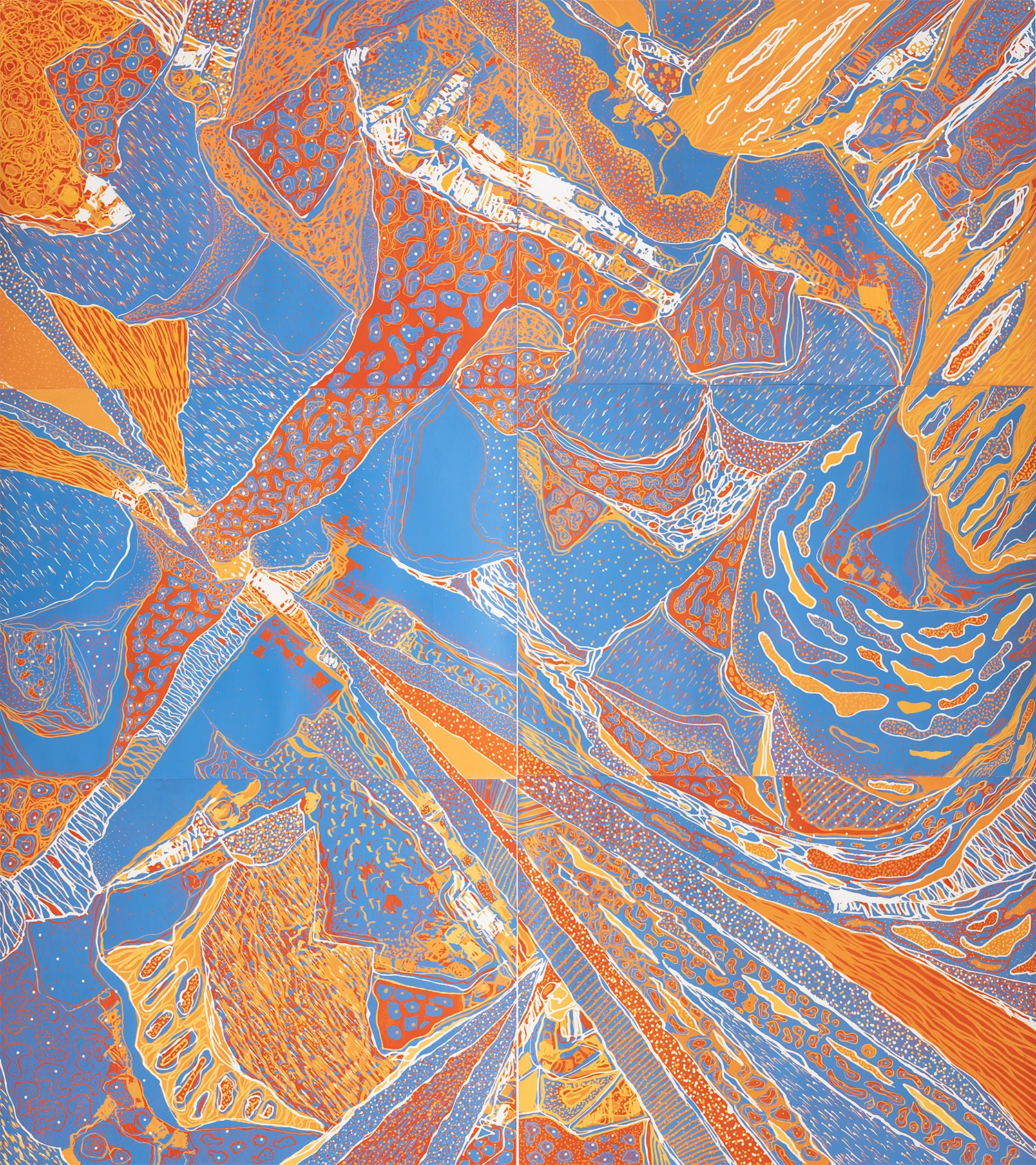 Derouin, René  

Taïga, 1981  

Gravures sur bois (6), E.A. 3/3  

237,5 x 215 cm (ensemble)  

Collection du Musée national des beaux-arts du Québec  

(CP.1983.33)  

© René Derouin / SOCAN  

Photographe : © MNBAQ