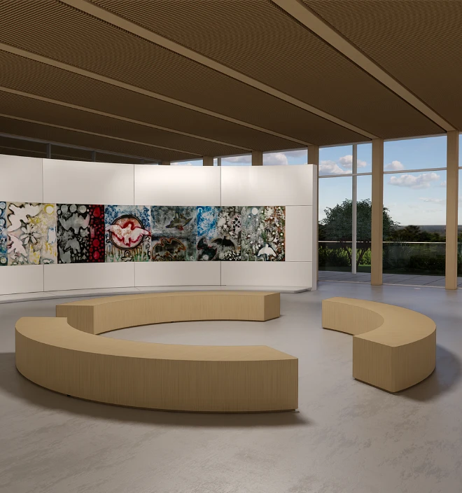 Vue d’ensemble de la salle qui accueillera L’Hommage à Rosa Luxemburg dans l’Espace Riopelle