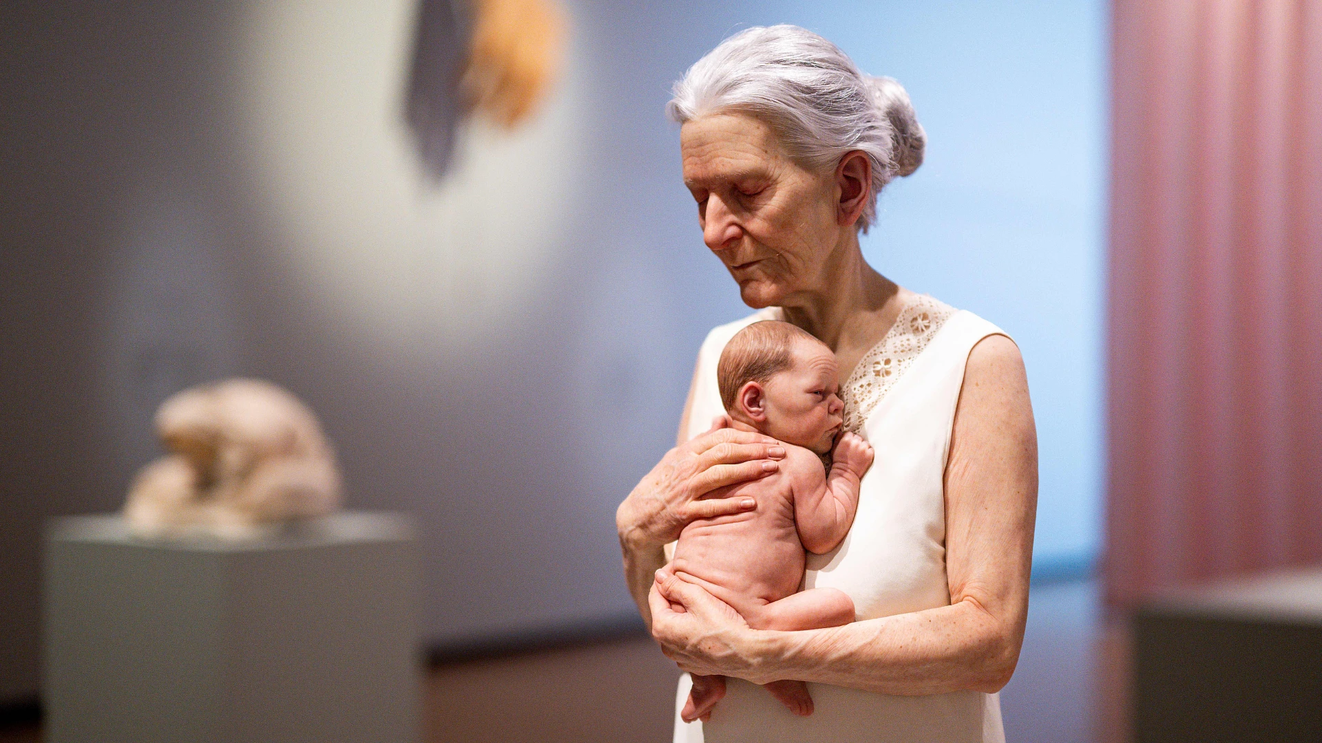 Sculpture hyperréaliste d'une femme aînée qui tient un bébé dans ses bras