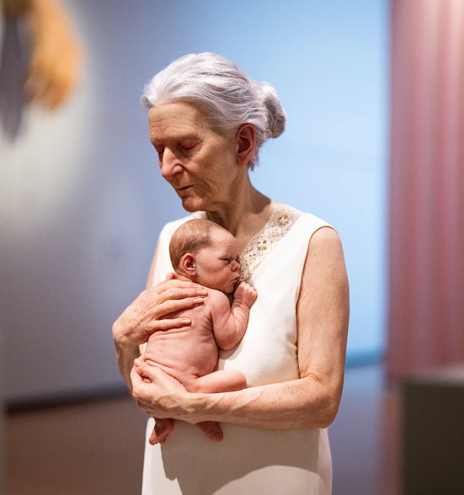 Sculpture hyperréaliste d'une femme aînée qui tient un bébé dans ses bras