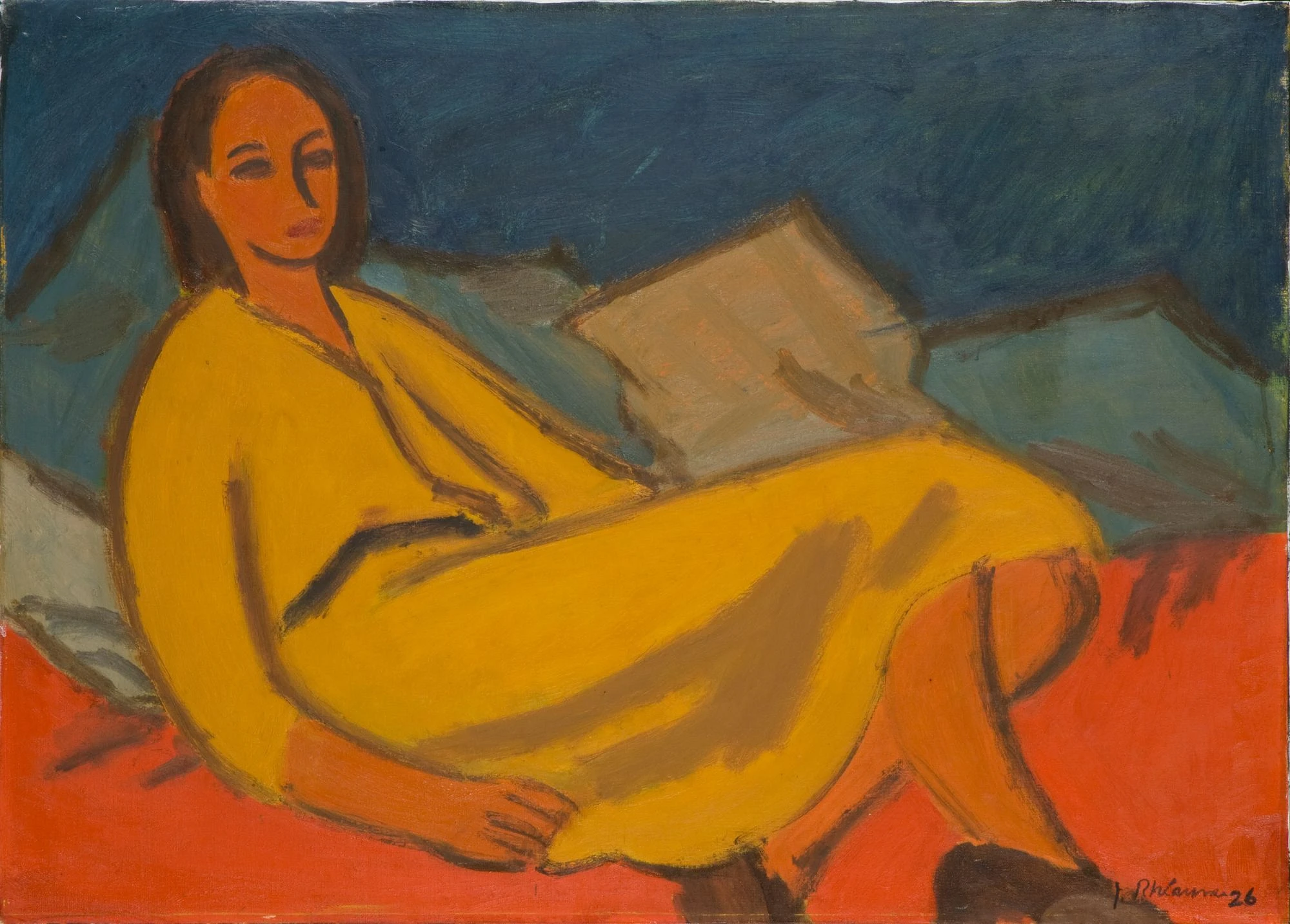 Jeanne Rhéaume, Femme à la robe jaune, 1945. Huile sur toile, 63,7 × 88,8 cm. MNBAQ, achat lors des Concours artistiques de la province de Québec (3e prix, peinture) (1946.45) © Succession Jeanne Rhéaume