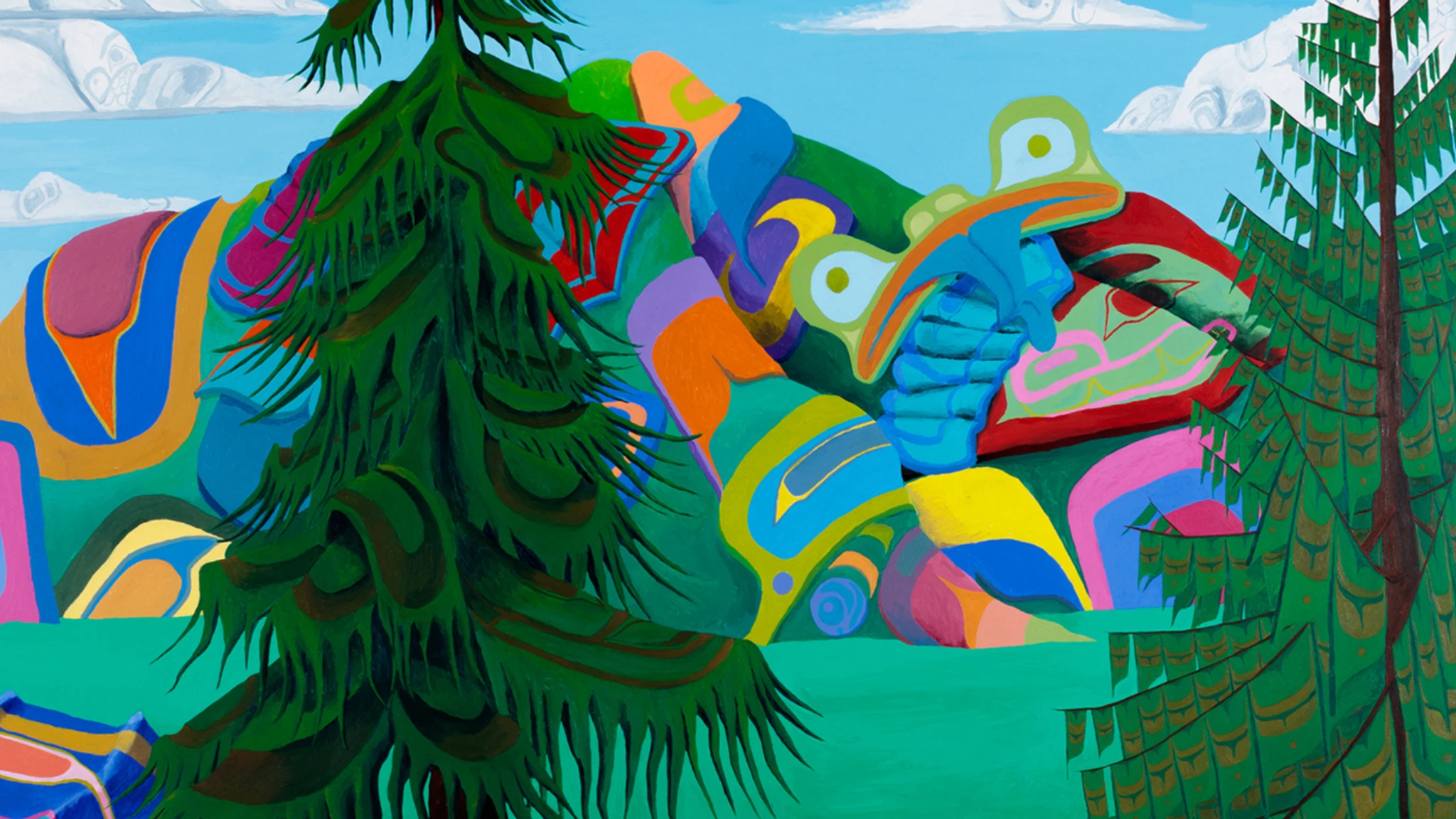 Lawrence Paul Yuxweluptun, New Climate Landscape (Northwest Coast Climate Change), 2019. Acrylique sur toile,193 × 243,8 cm. Collection McMichael d’art canadien, achat par BMO Financial Group en 2020 (2020.10)